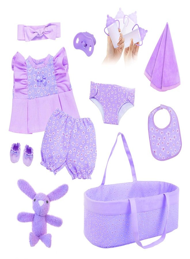 18INDC 11 Pcs Baby Doll Clothes with Purple Floral Design Baby Doll Bassinet & Accessories for 16-18 Inch Baby Doll, Baby Doll Clothes Outfit Accessories Fit Reborn Baby Doll - Image 1